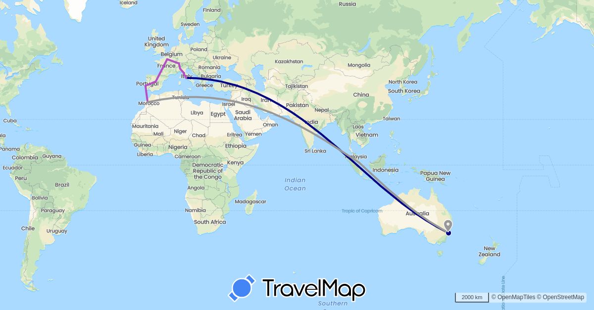 TravelMap itinerary: driving, plane, train in Australia, Switzerland, Spain, France, Italy, Morocco, Portugal, Singapore (Africa, Asia, Europe, Oceania)
